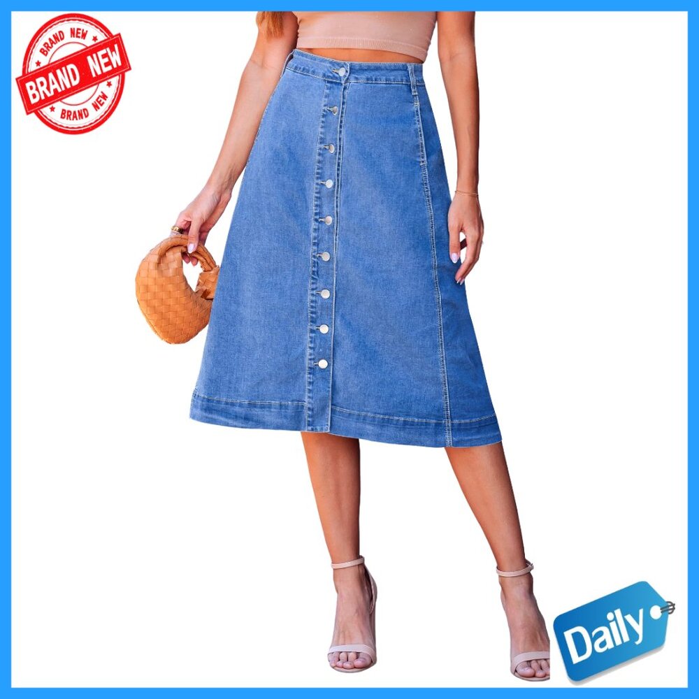 Midi Denim Skirt High Waist A-Line Stretchy With Pockets Casual Western